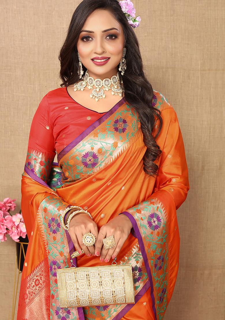 Orange Meenakari Paithani Silk Saree Set