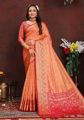 Orange Meenakari Organza Saree Set