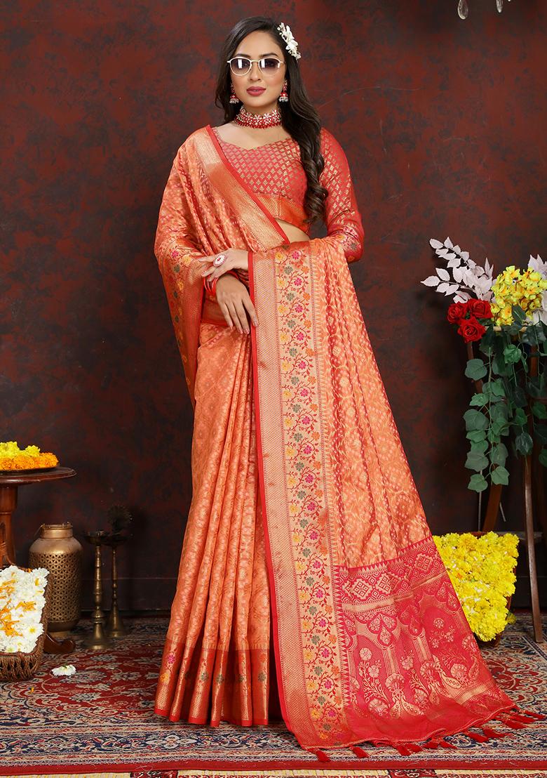 Orange Meenakari Organza Saree Set