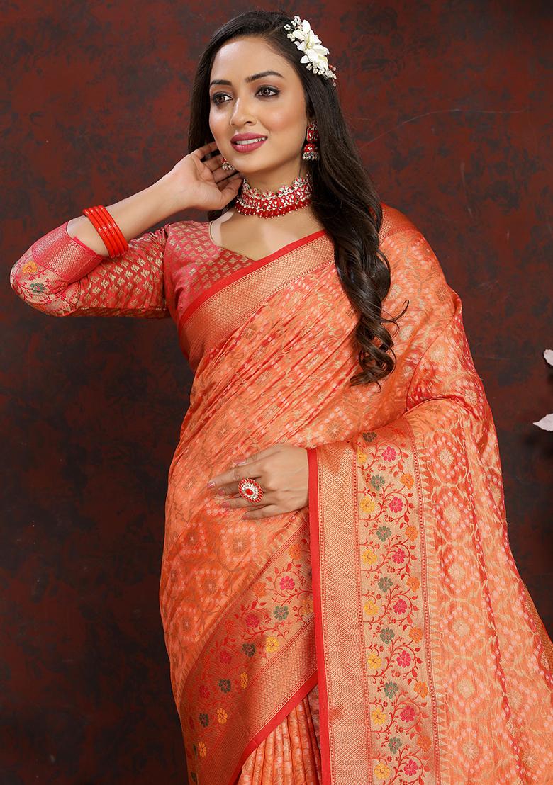 Orange Meenakari Organza Saree Set