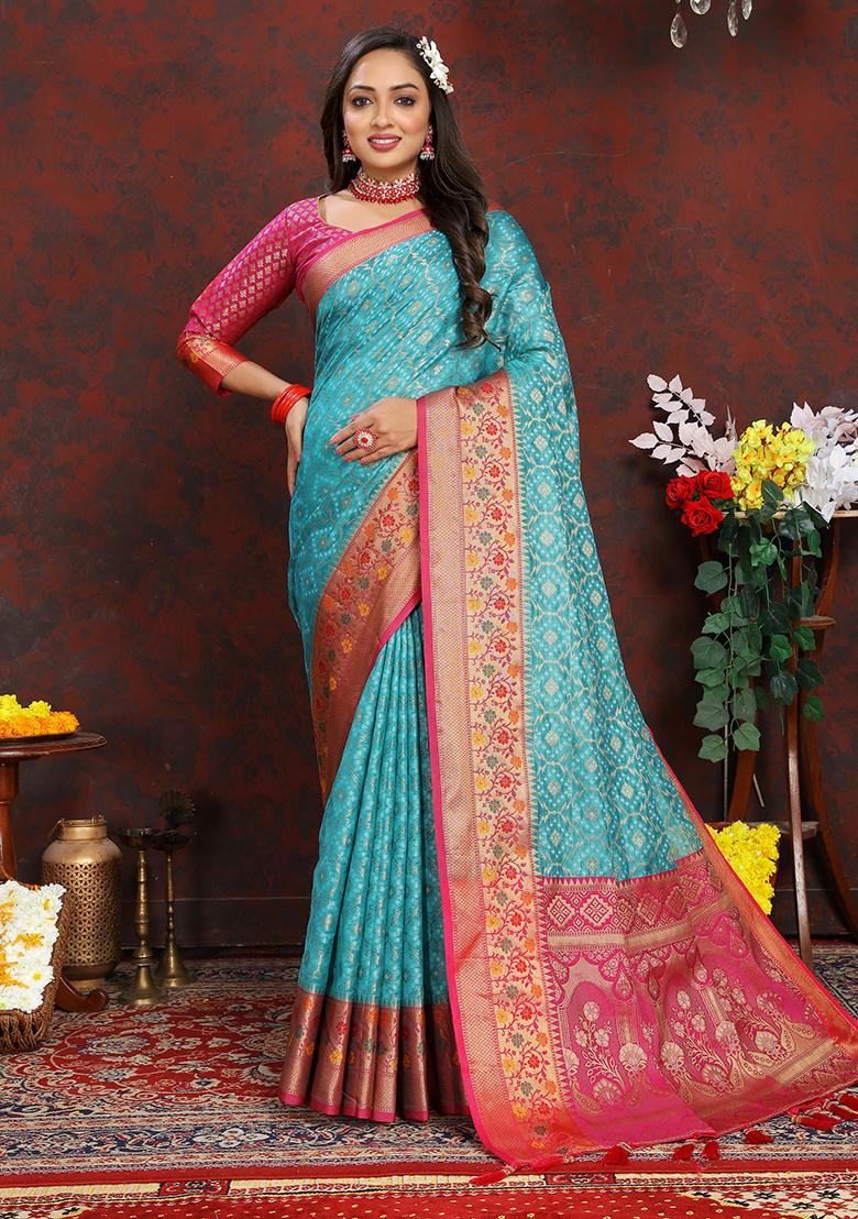 Turquoise Meenakari Organza Saree Set