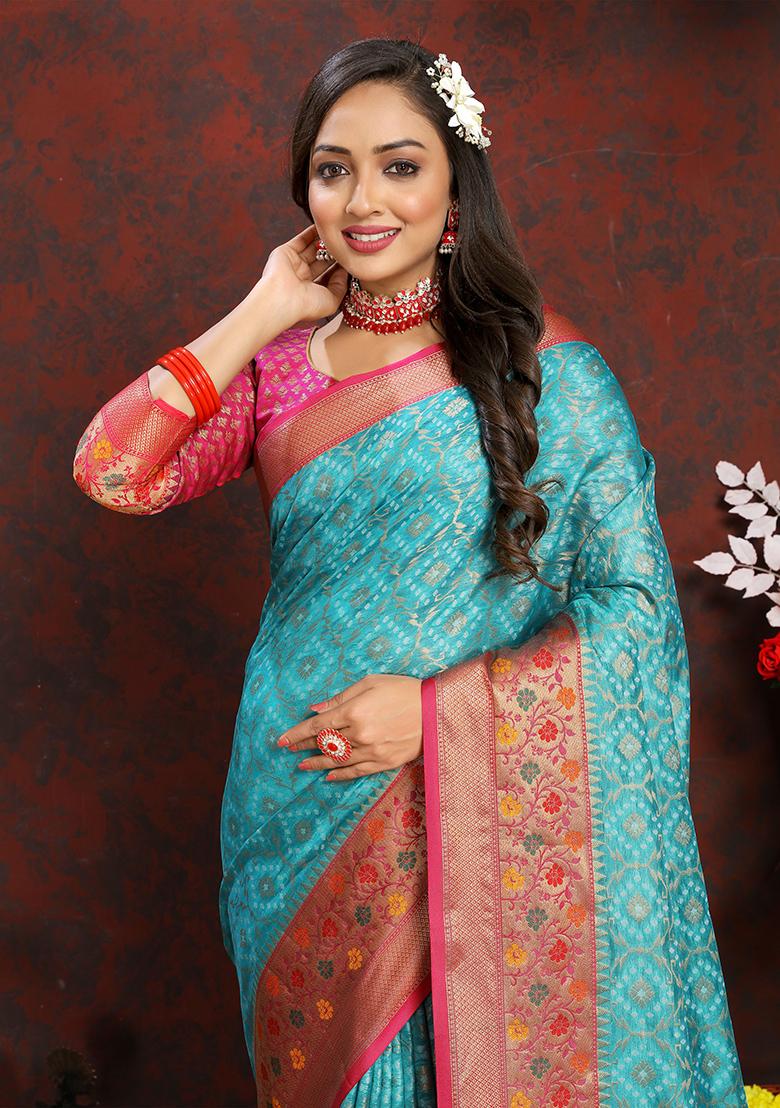 Turquoise Meenakari Organza Saree Set