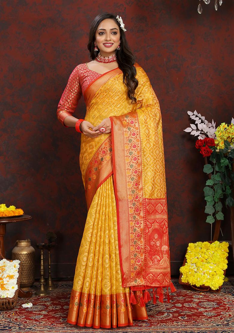 Yellow Meenakari Organza Saree Set