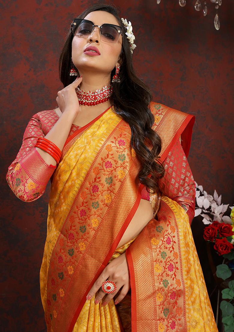 Yellow Meenakari Organza Saree Set