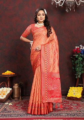 Orange Meenakari Organza Saree Set
