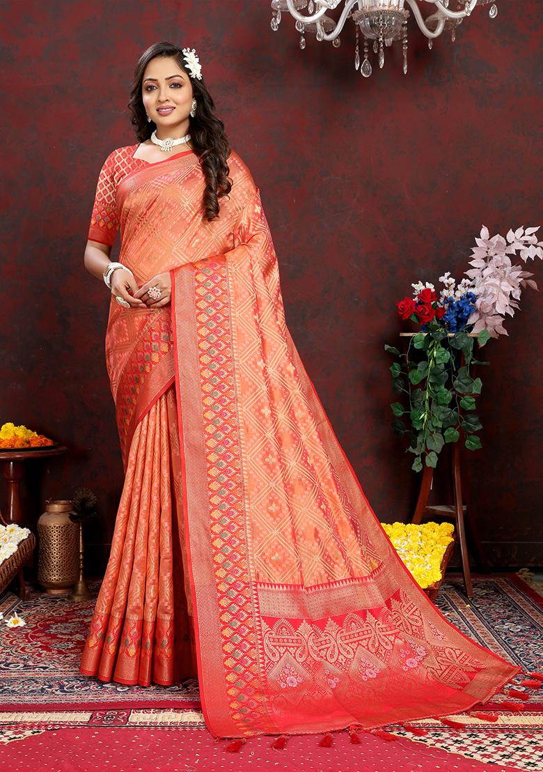 Orange Meenakari Organza Saree Set