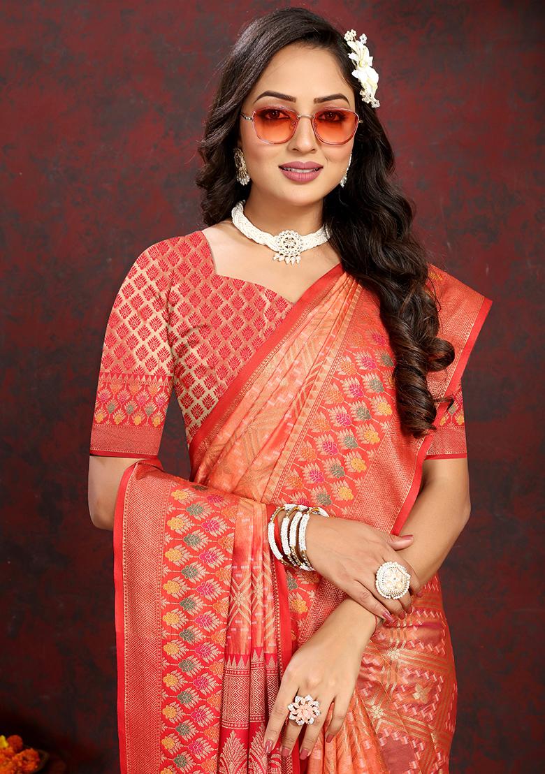 Orange Meenakari Organza Saree Set