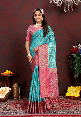 Turquoise Meenakari Organza Saree Set