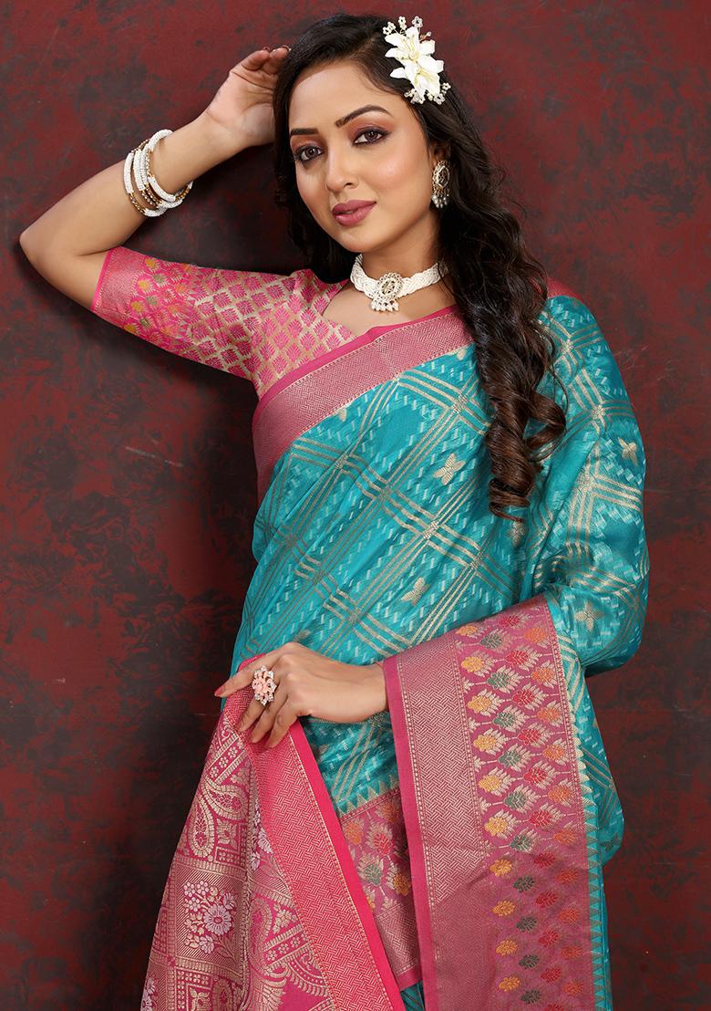 Turquoise Meenakari Organza Saree Set