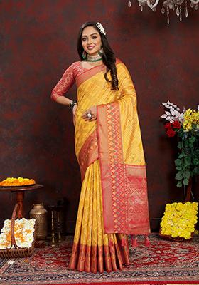 Yellow Meenakari Organza Saree Set