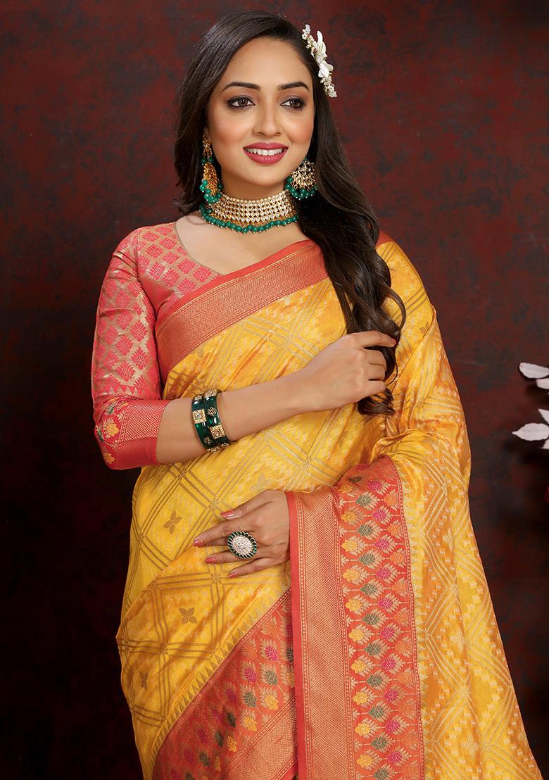 Yellow Meenakari Organza Saree Set