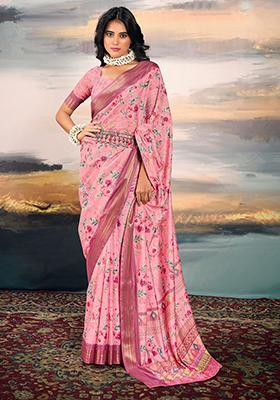 Rose Pink Digital Print Cotton Saree Set