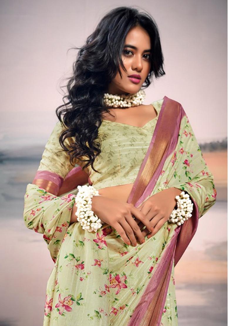 Light Green Digital Print Cotton Saree Set