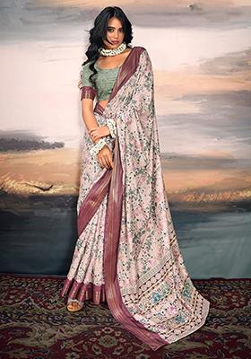 Off White Digital Print Cotton Saree Set