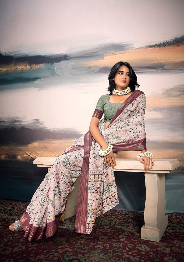 Off White Digital Print Cotton Saree Set