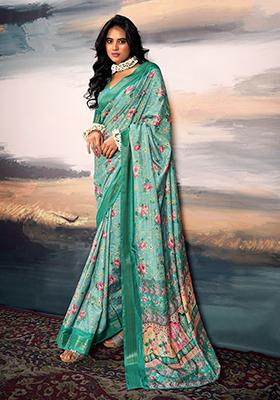 Turquoise Digital Print Cotton Saree Set