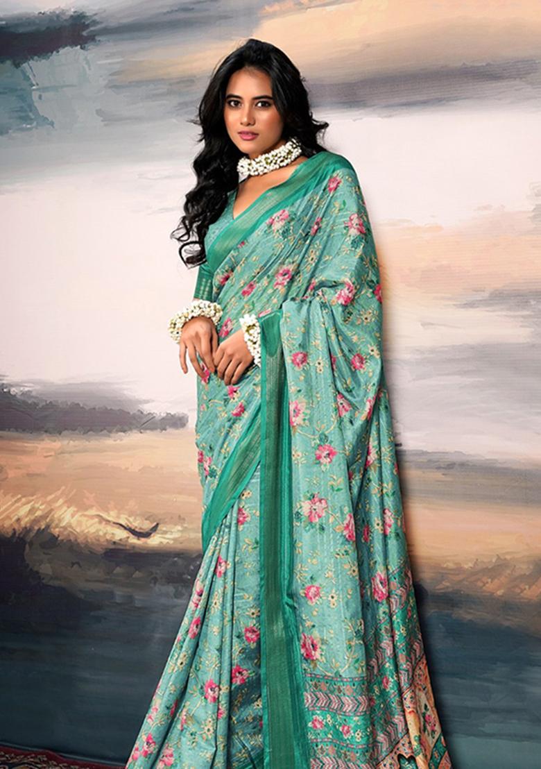 Turquoise Digital Print Cotton Saree Set