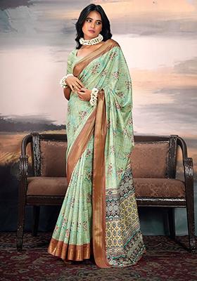 Sea Green Digital Print Cotton Saree Set