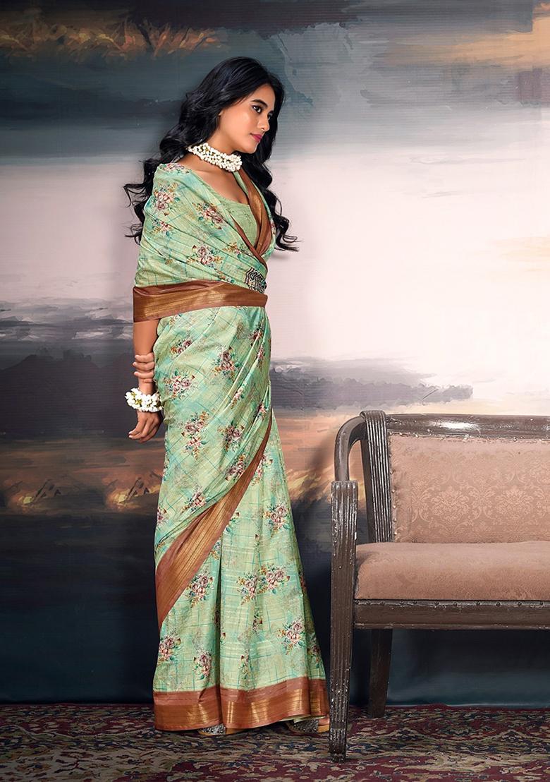 Sea Green Digital Print Cotton Saree Set