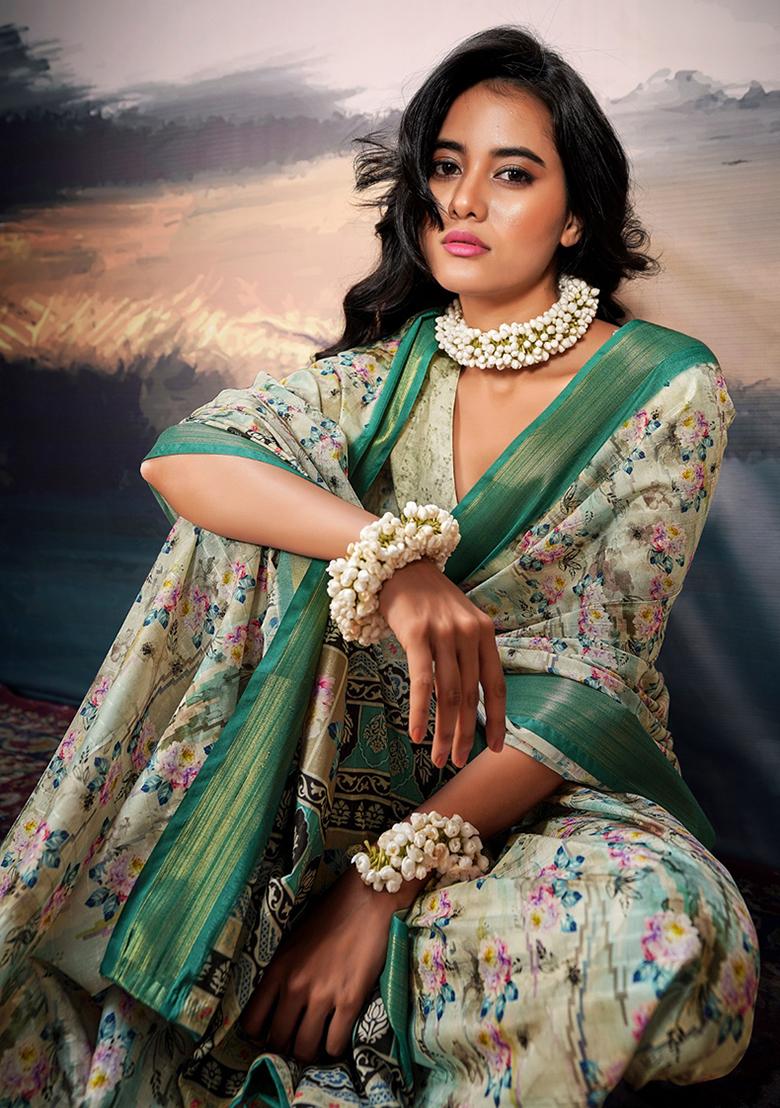 Cream Digital Print Cotton Saree Set