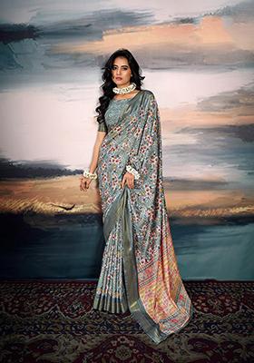 Grey Digital Print Cotton Saree Set