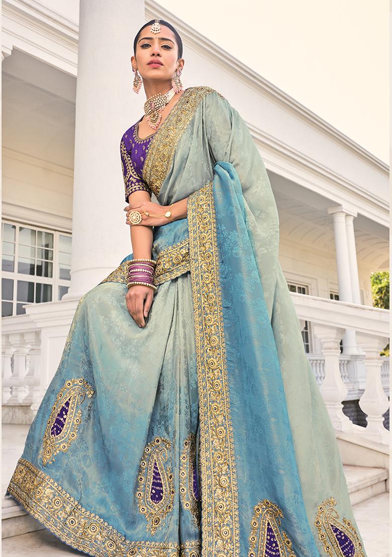 Aqua Blue Sequin Embroidered Jacquard Saree Set