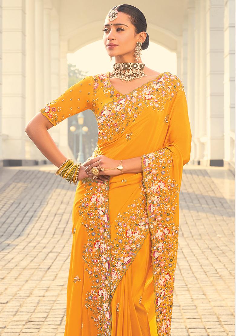 Amber Sequin Embroidered Crepe Saree Set
