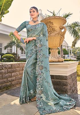 Grey Sequin Embroidered Organza Saree Set