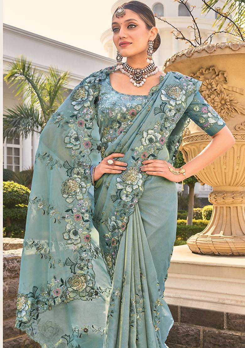 Grey Sequin Embroidered Organza Saree Set