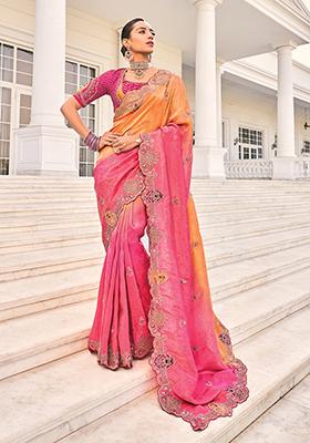 Rani Pink Sequin Embroidered Jacquard Saree Set