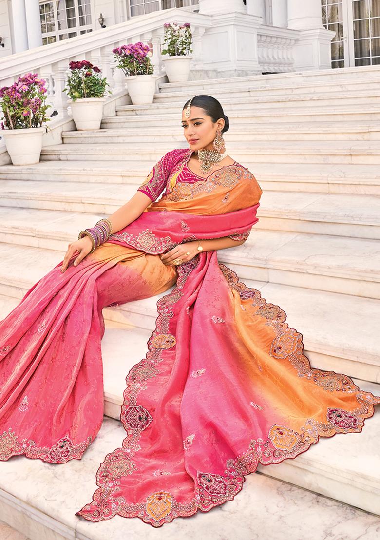 Rani Pink Sequin Embroidered Jacquard Saree Set
