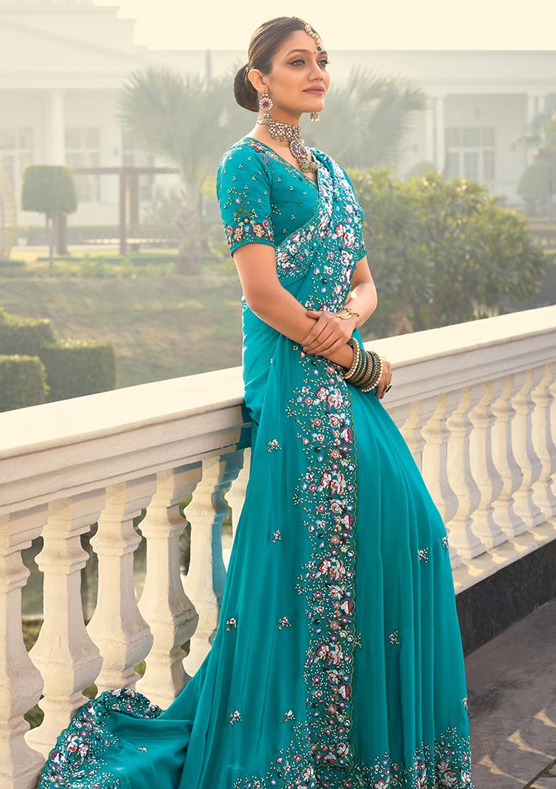 Blue Sequin Embroidered Crepe Saree Set