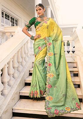 Light Green Sequin Embroidered Jacquard Saree Set
