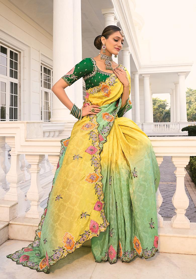 Light Green Sequin Embroidered Jacquard Saree Set