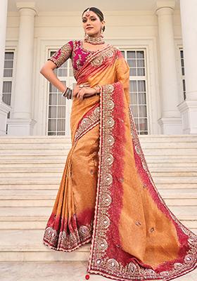 Rust Red Sequin Embroidered Jacquard Saree Set