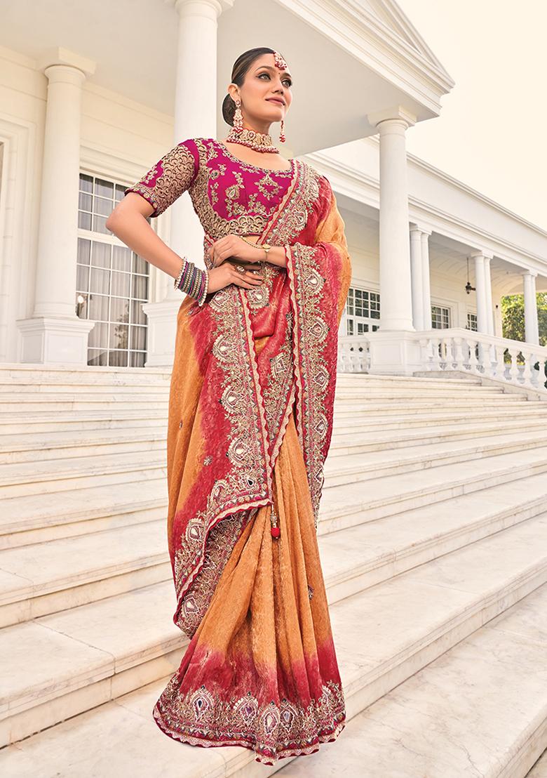 Rust Red Sequin Embroidered Jacquard Saree Set