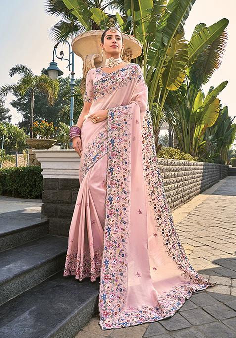 Pink Sequin Embroidered Banarasi Silk  Saree Set