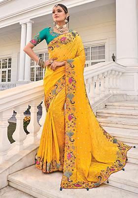Yellow Sequin Embroidered Crepe Saree Set