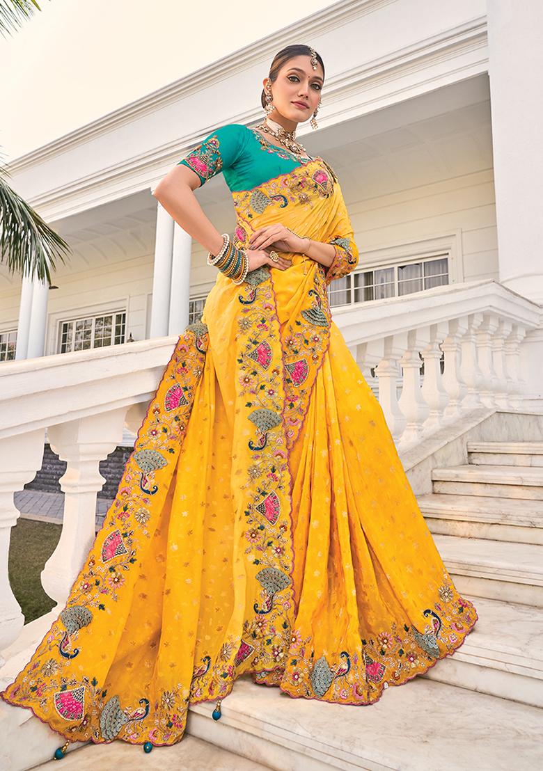 Yellow Sequin Embroidered Crepe Saree Set