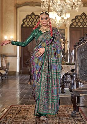 Teal Blue Printed Silk Saree Set