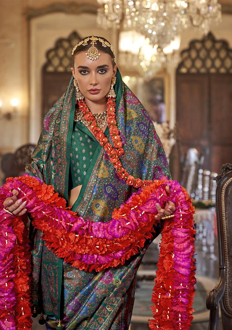 Teal Blue Printed Silk Saree Set