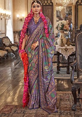 Purple Printed Silk Saree Set