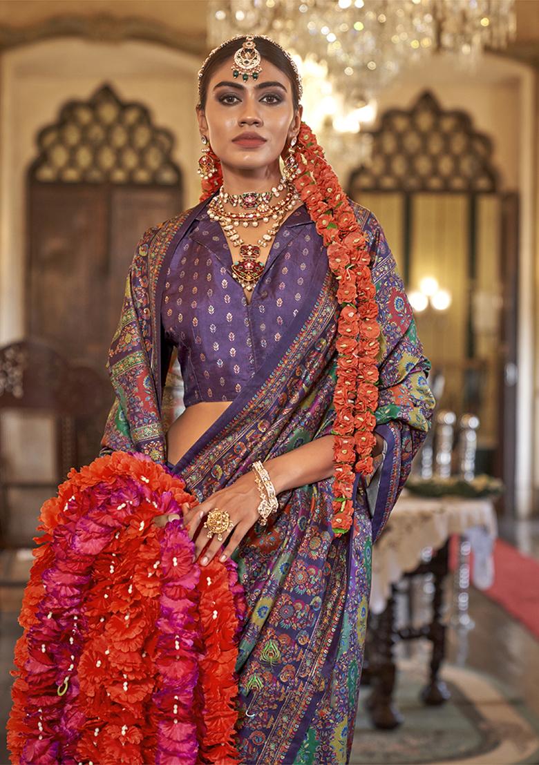 Purple Printed Silk Saree Set