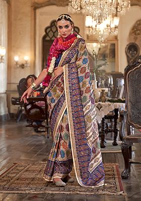 Cream Printed Silk Saree Set