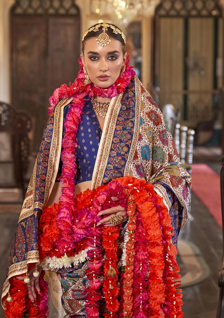 Cream Printed Silk Saree Set