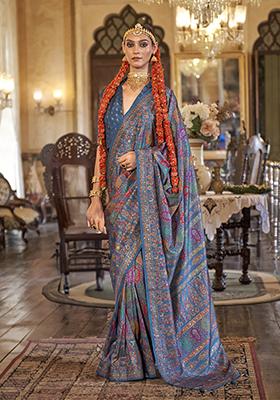 Blue Printed Silk Saree Set