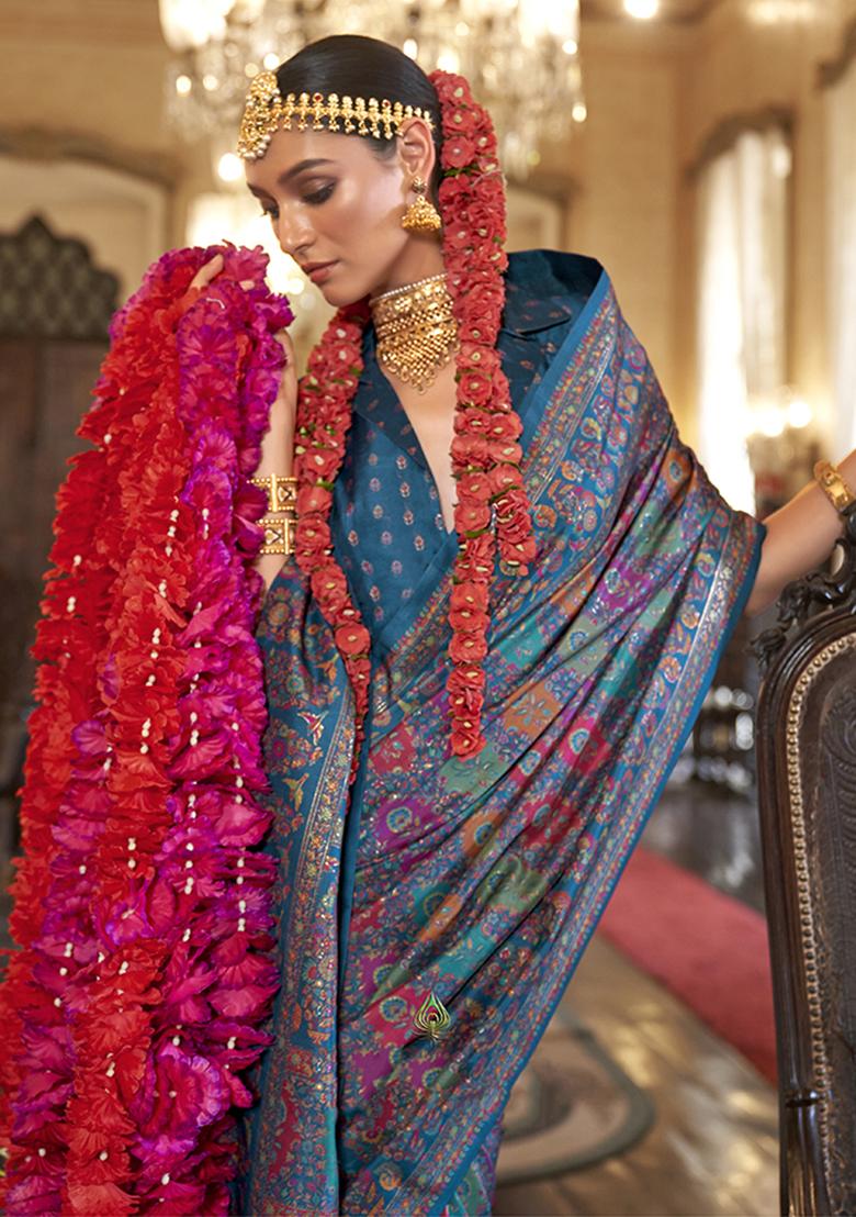 Blue Printed Silk Saree Set