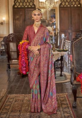 Cream Printed Silk Saree Set