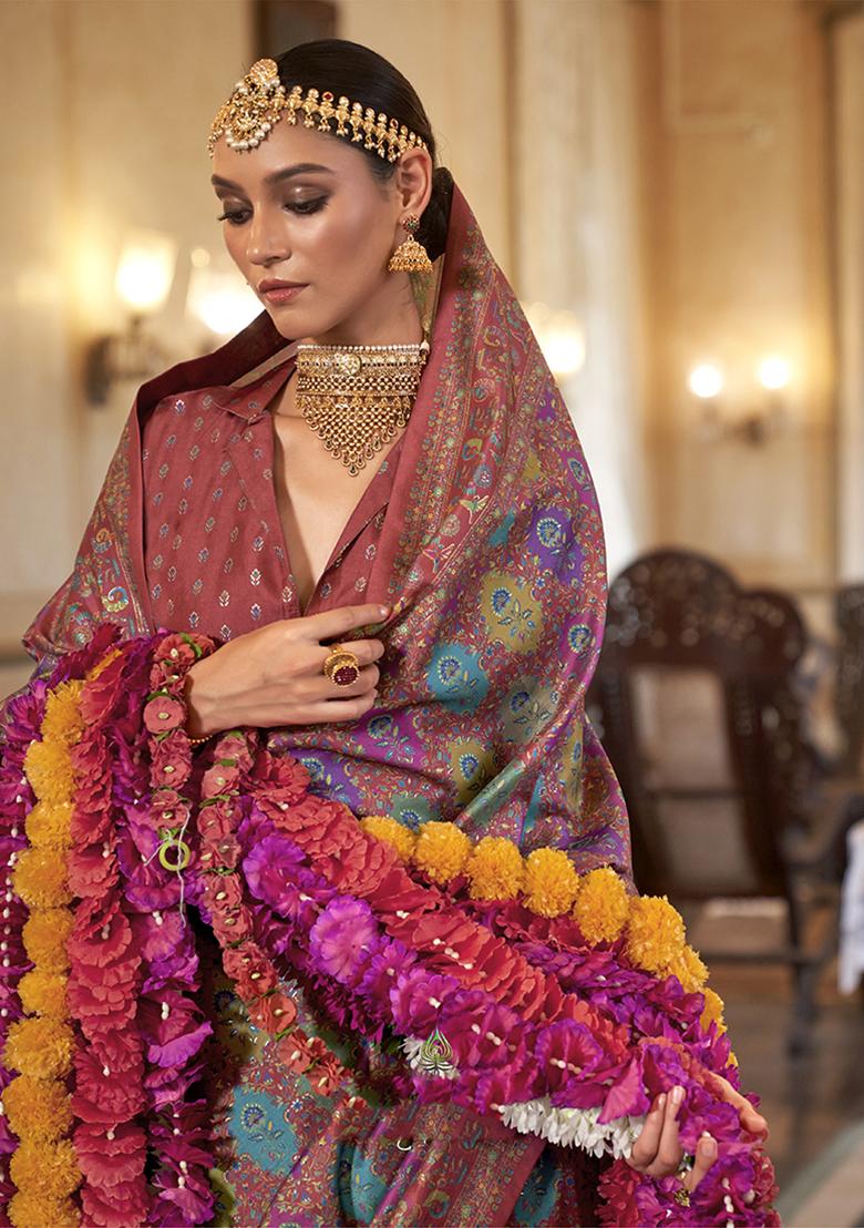 Cream Printed Silk Saree Set