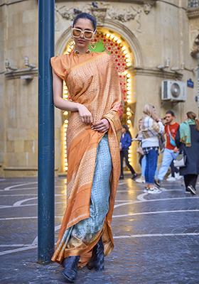 Orange Weaving Viscose Saree Set
